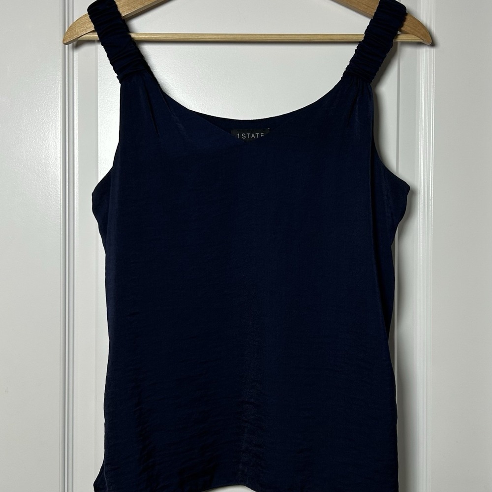 1.State Navy Blue Ruched Strap Sleeveless Tank Top Quiet Luxury Nautical Style